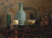 Asian Still Life with Blue Vase, oil painting by Hubert Vos